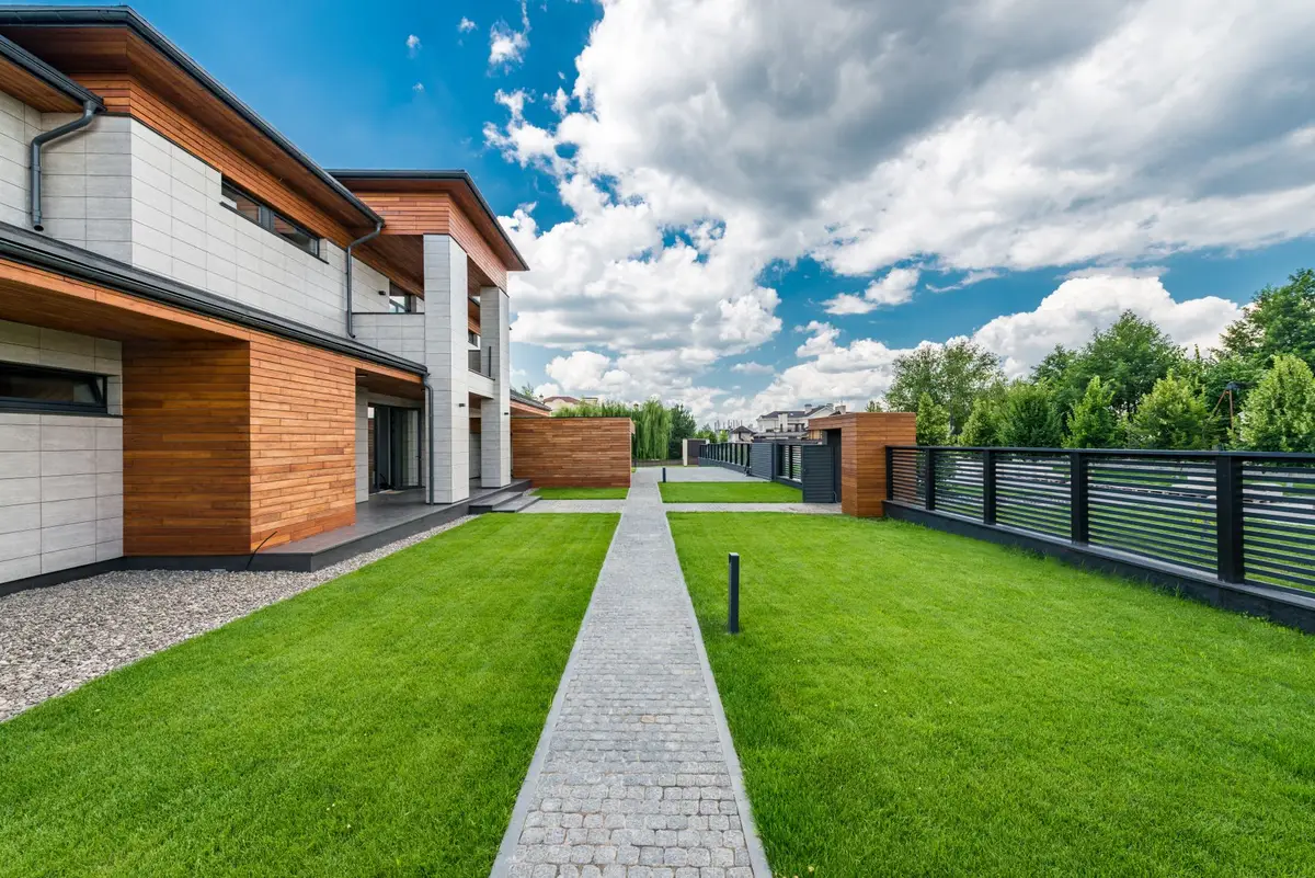 Wood and glass, open lawn