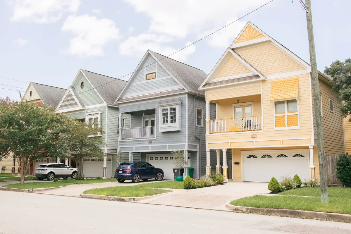 Colourful row homes, walkable block